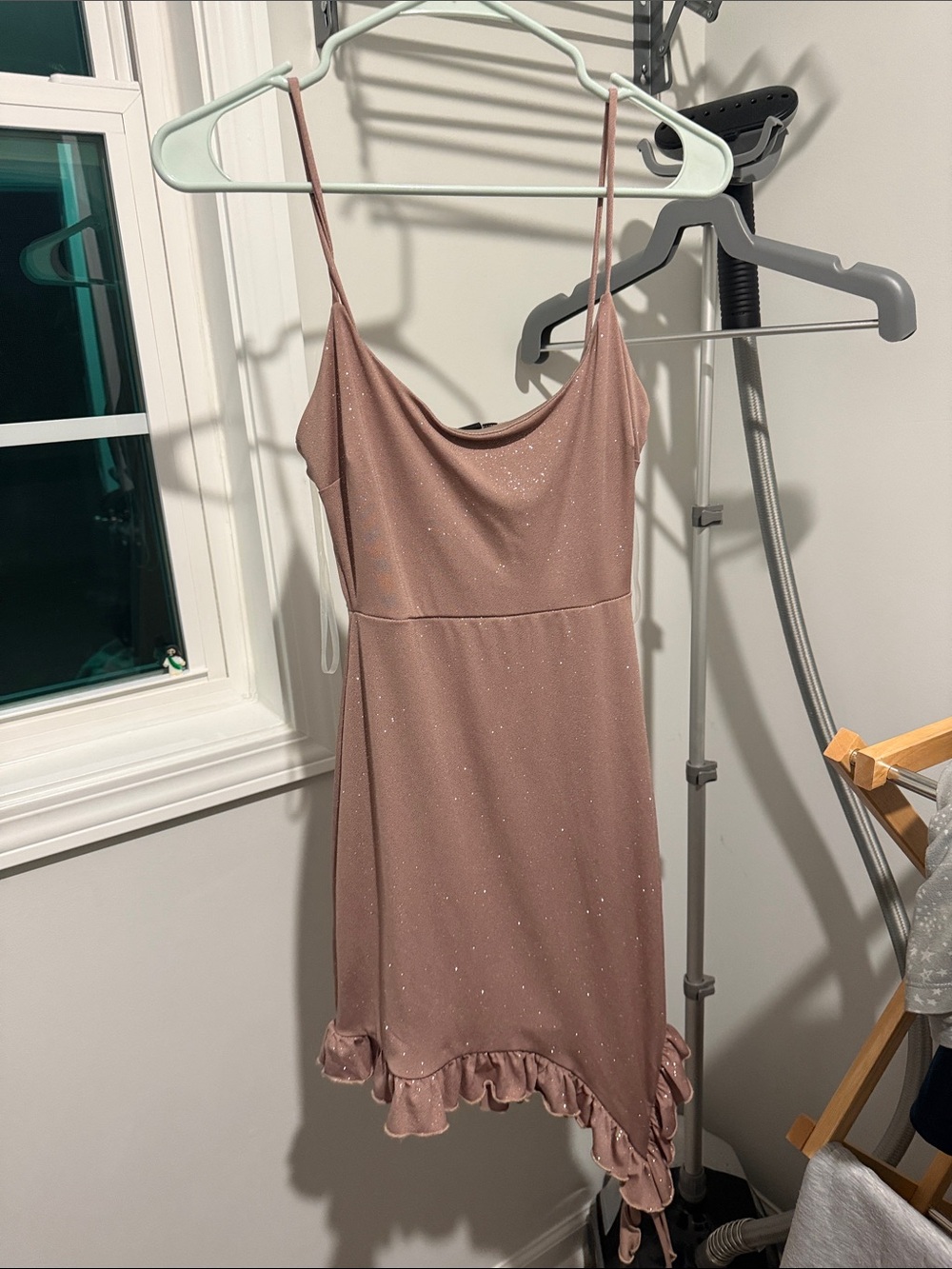Windsor Dusty Rose Sparkle Slip Mini Dress with Ruffle Hem